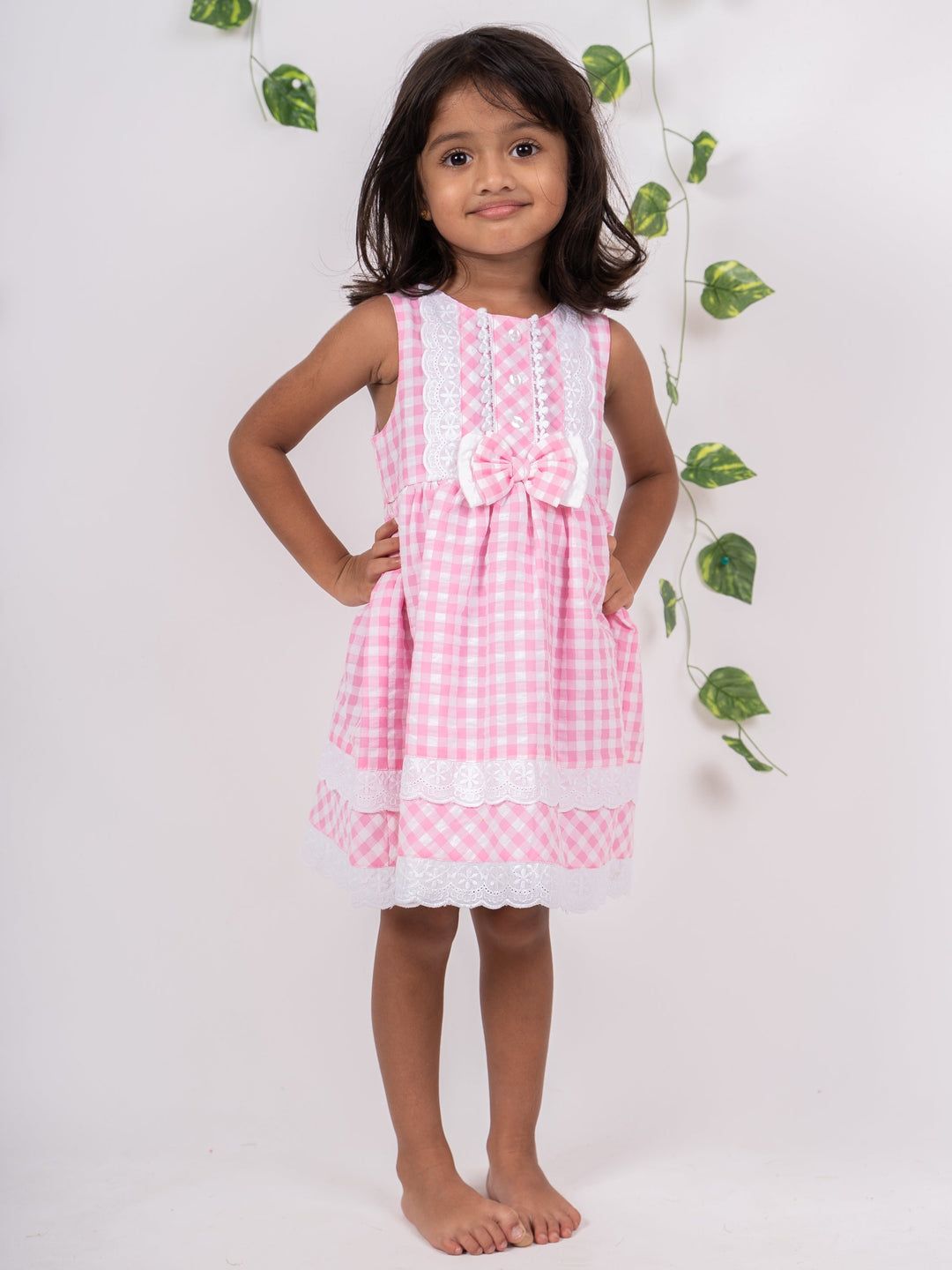 The Nesavu Frocks & Dresses Pink Checked Lace Designer Soft Cotton Frock For Girl Kids psr silks Nesavu