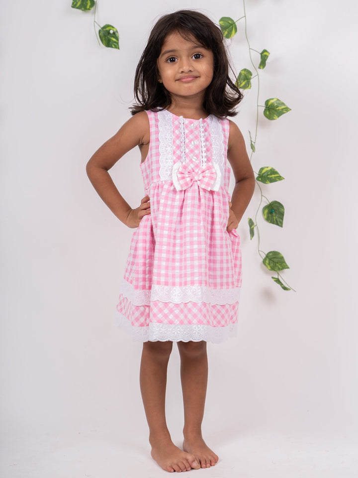 The Nesavu Frocks & Dresses Pink Checked Lace Designer Soft Cotton Frock For Girl Kids psr silks Nesavu