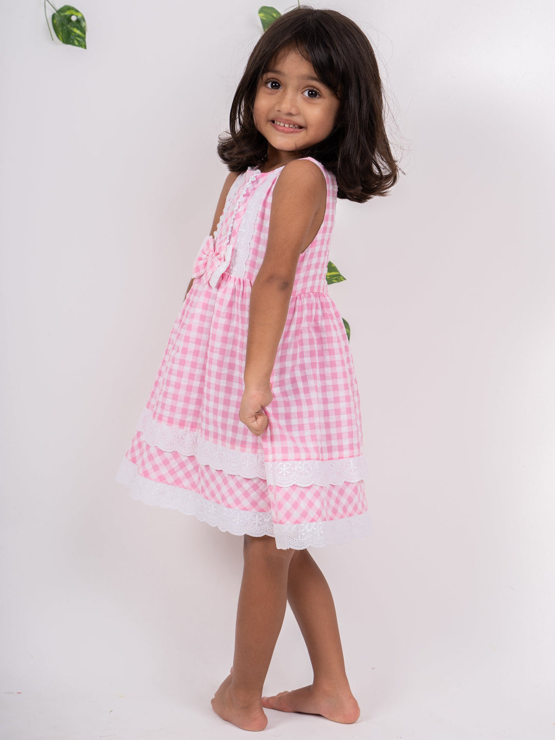 The Nesavu Frocks & Dresses Pink Checked Lace Designer Soft Cotton Frock For Girl Kids psr silks Nesavu
