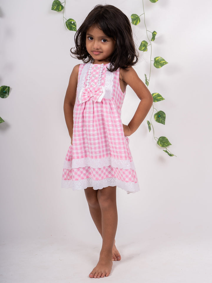 The Nesavu Frocks & Dresses Pink Checked Lace Designer Soft Cotton Frock For Girl Kids psr silks Nesavu