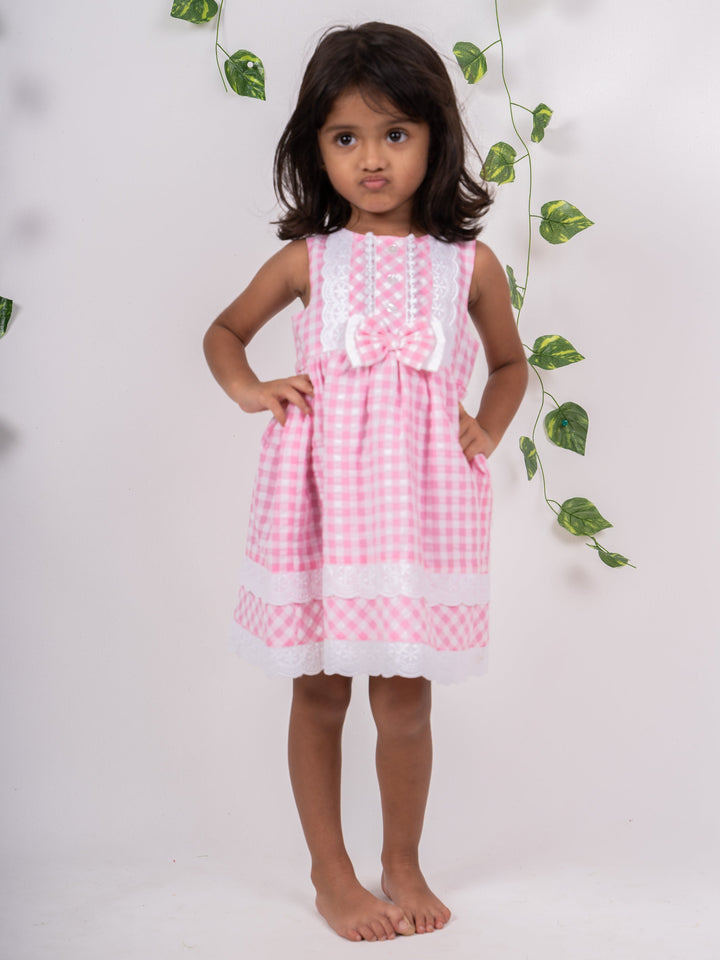 The Nesavu Frocks & Dresses Pink Checked Lace Designer Soft Cotton Frock For Girl Kids psr silks Nesavu
