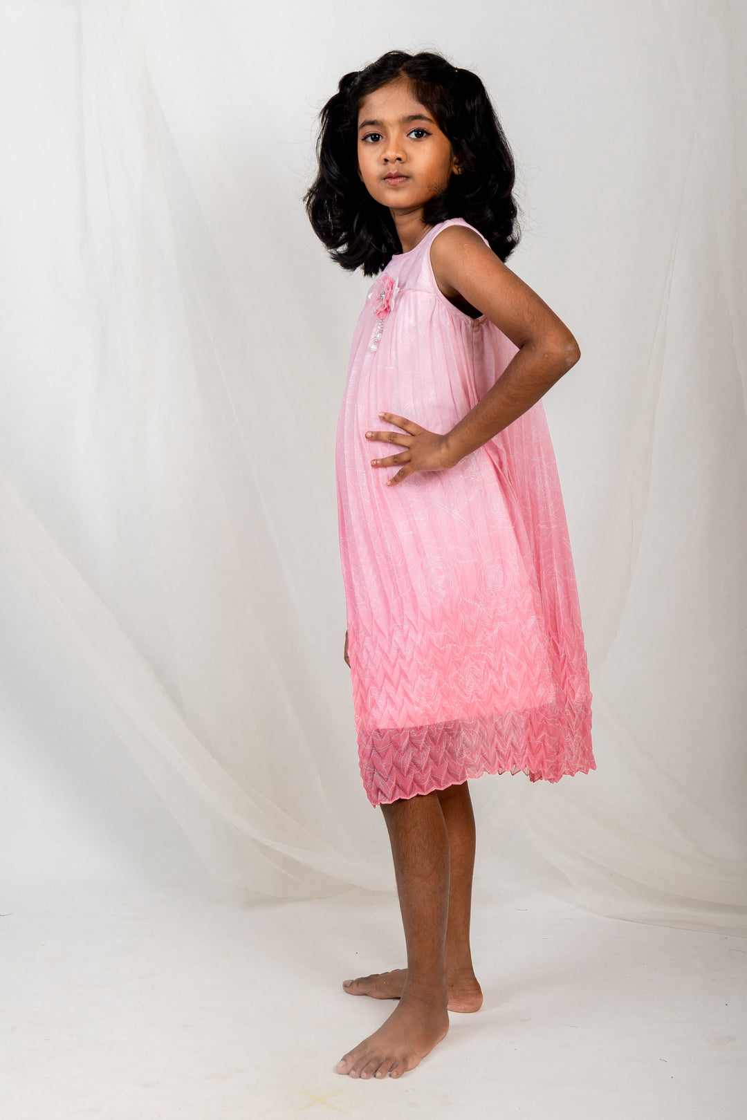 The Nesavu Frocks & Dresses Pink Crushed Designer Party Wear With Floral Trims psr silks Nesavu 20 (3Y) / pink GFC714