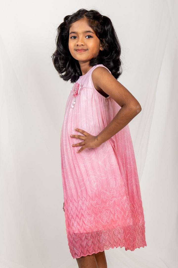 The Nesavu Frocks & Dresses Pink Crushed Designer Party Wear With Floral Trims psr silks Nesavu