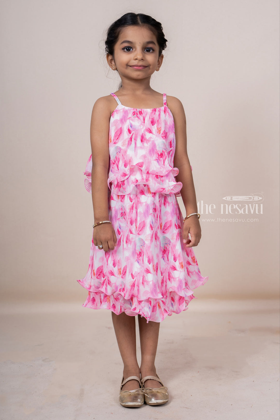 The Nesavu Baby Frock / Jhabla Pink Designer Crepe Crushed Sleeveless Casual Frock For Toddler Girls psr silks Nesavu 14 (6M) / Hotpink BFJ322B