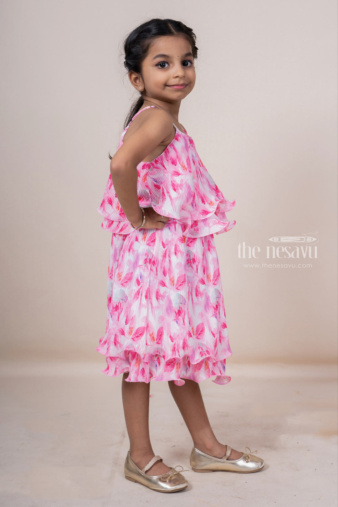 The Nesavu Baby Frock / Jhabla Pink Designer Crepe Crushed Sleeveless Casual Frock For Toddler Girls psr silks Nesavu