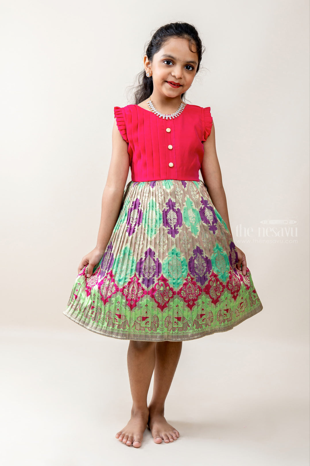 The Nesavu Silk frocks Pink Designer Frocks With Printed Patterns psr silks Nesavu 14 (6M) / springgreen SF441A