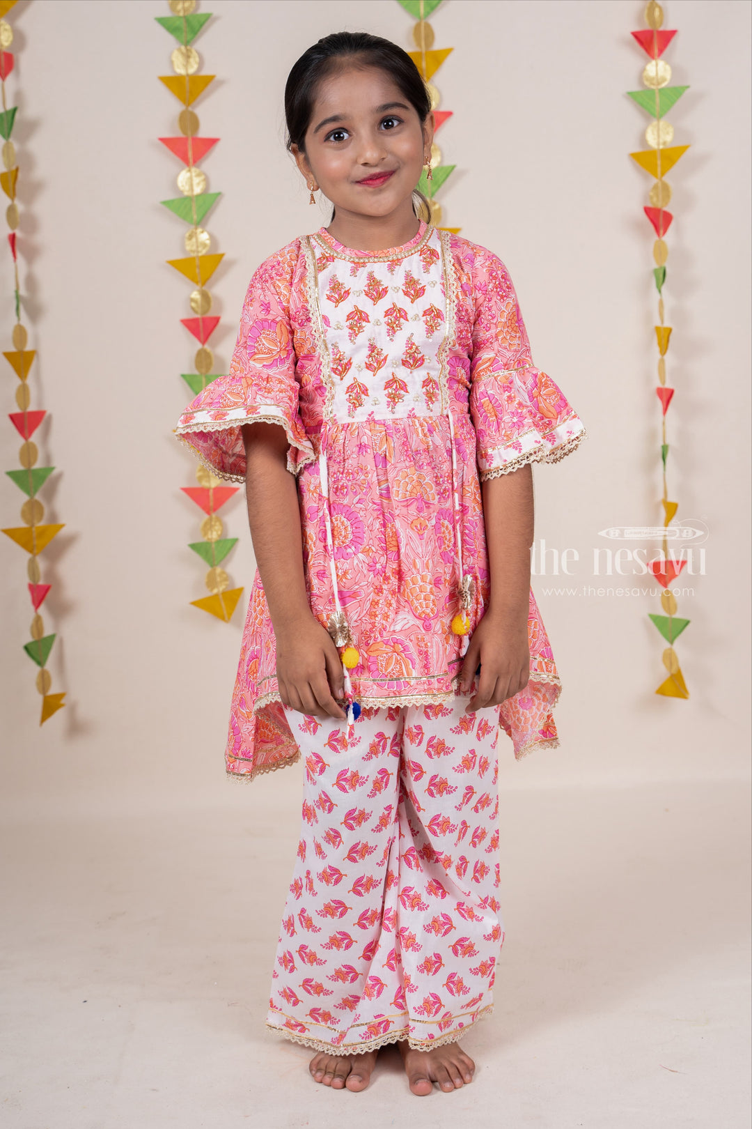 The Nesavu Sets & Suits Pink Designer Tunic Top With Printed Cotton Palazzo For Girls psr silks Nesavu 18 (2Y) / Pink GPS073