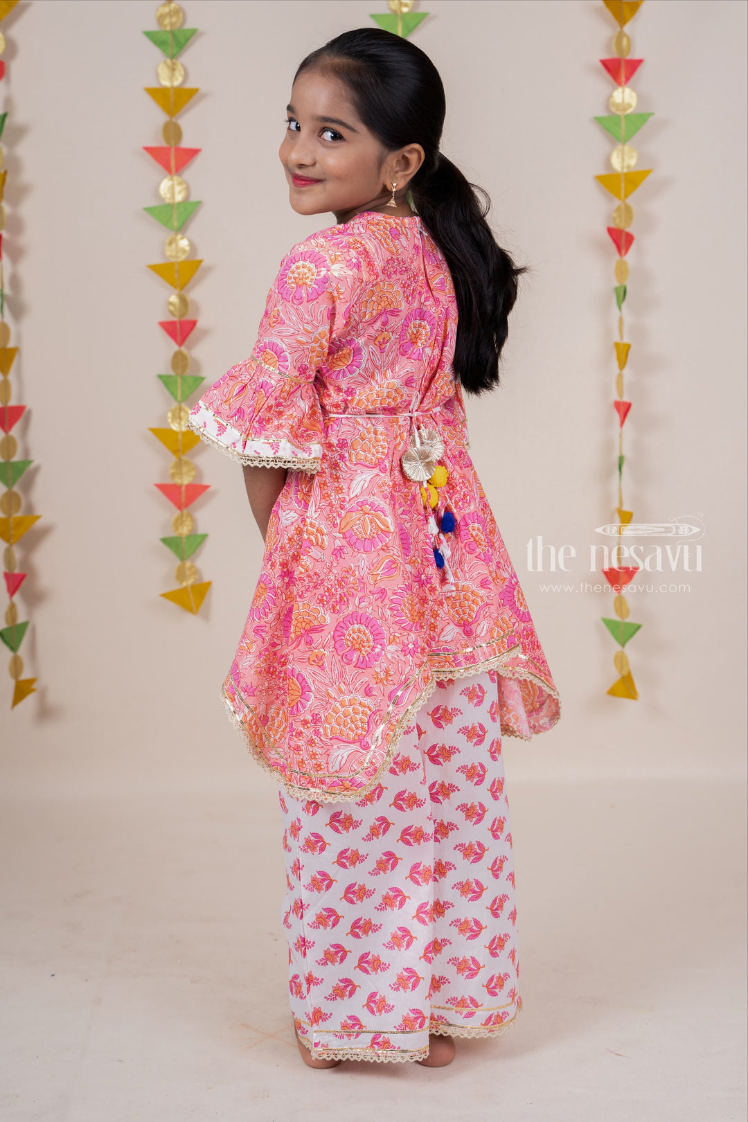 The Nesavu Sets & Suits Pink Designer Tunic Top With Printed Cotton Palazzo For Girls psr silks Nesavu