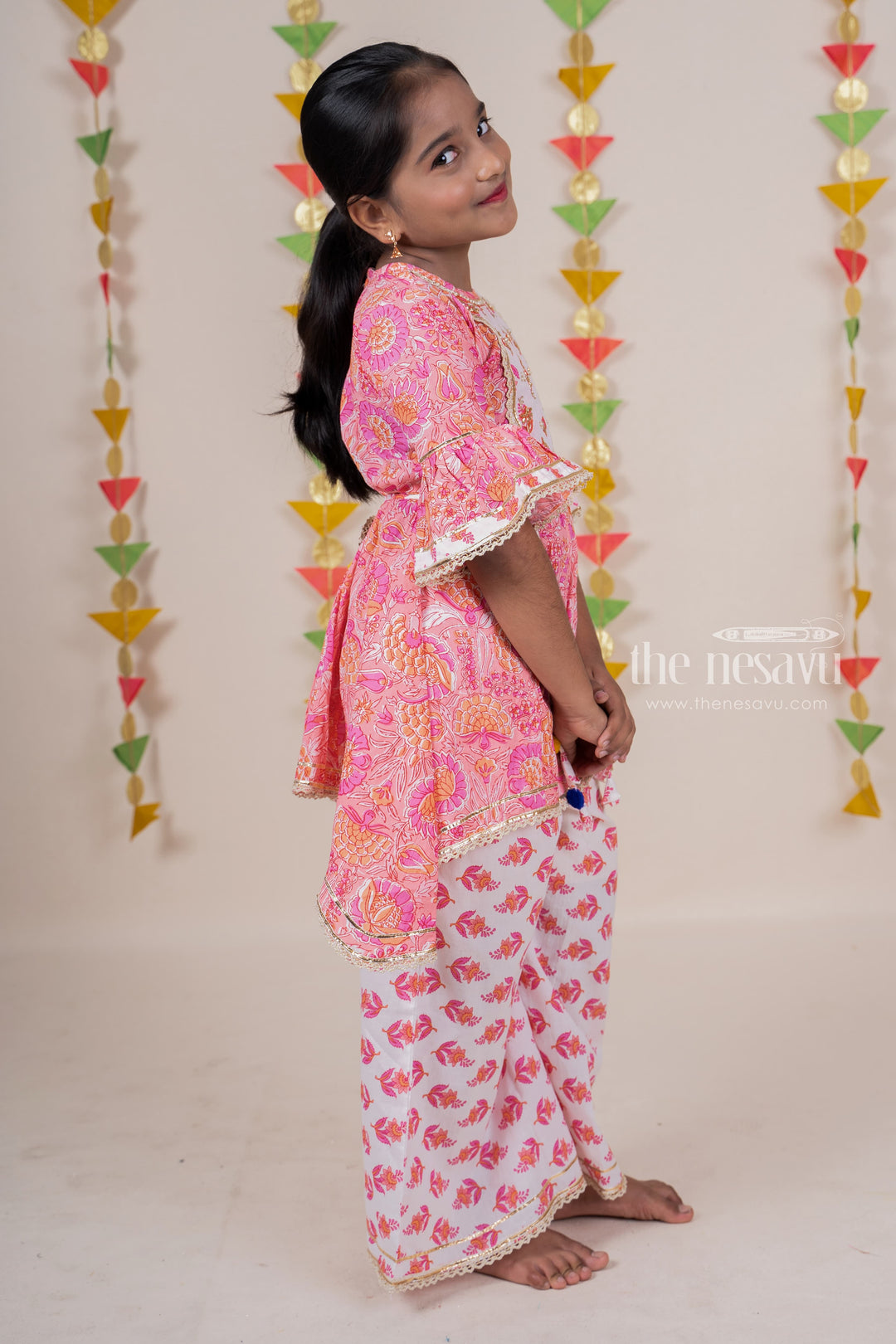 The Nesavu Sets & Suits Pink Designer Tunic Top With Printed Cotton Palazzo For Girls psr silks Nesavu