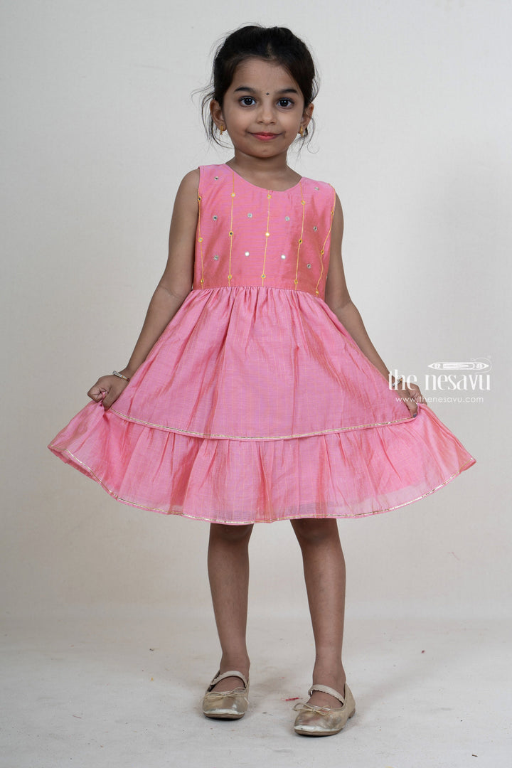 The Nesavu Frocks & Dresses Pink Double Tiered Cotton Frock With Designer Yoke For Baby Girls psr silks Nesavu 14 (6M) / pink GFC939B