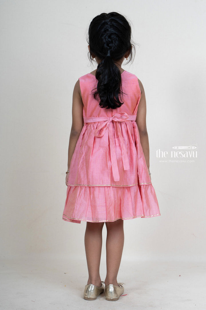 The Nesavu Frocks & Dresses Pink Double Tiered Cotton Frock With Designer Yoke For Baby Girls psr silks Nesavu