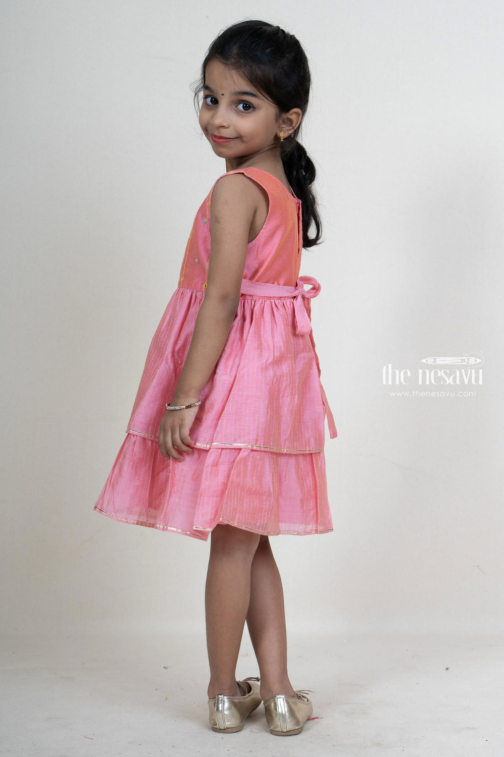The Nesavu Frocks & Dresses Pink Double Tiered Cotton Frock With Designer Yoke For Baby Girls psr silks Nesavu