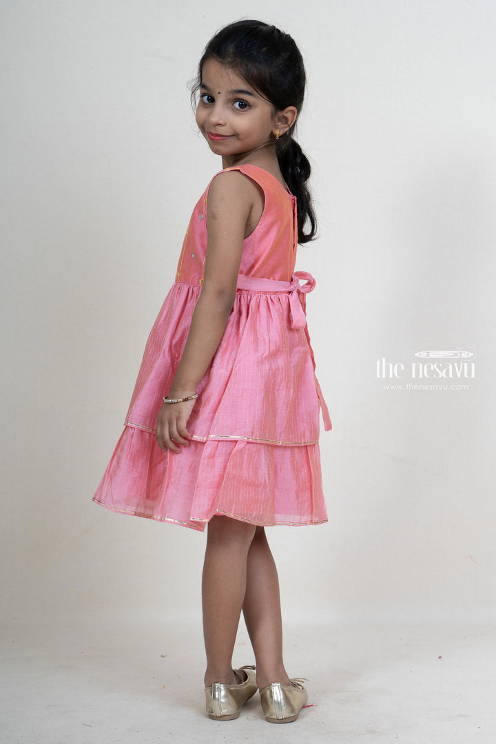 The Nesavu Frocks & Dresses Pink Double Tiered Cotton Frock With Designer Yoke For Baby Girls psr silks Nesavu