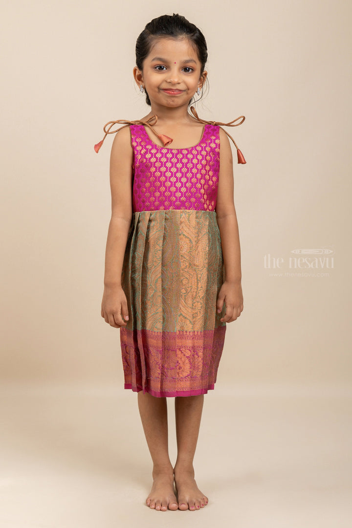 The Nesavu Tie-up Frock Pink Ethnic Tie-up Frocks With Brocade Prints For Little Girls psr silks Nesavu 12 (3M) / pink T267B