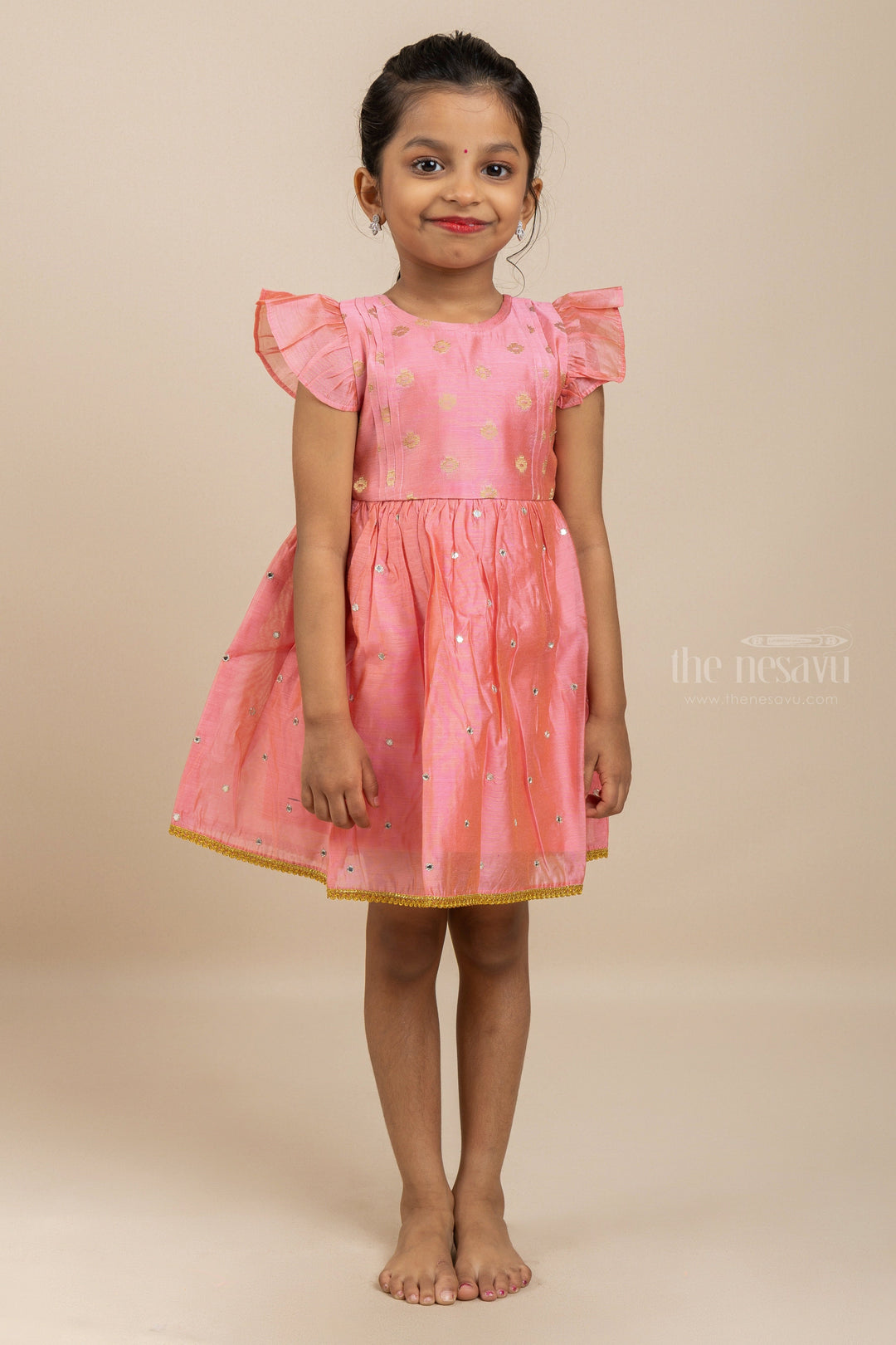 The Nesavu Frocks & Dresses Pink Everywhere - Latest Silk Cotton Gown For Baby Girls With Mirrors And Zaris psr silks Nesavu 14 (6M) / Salmon GFC968B