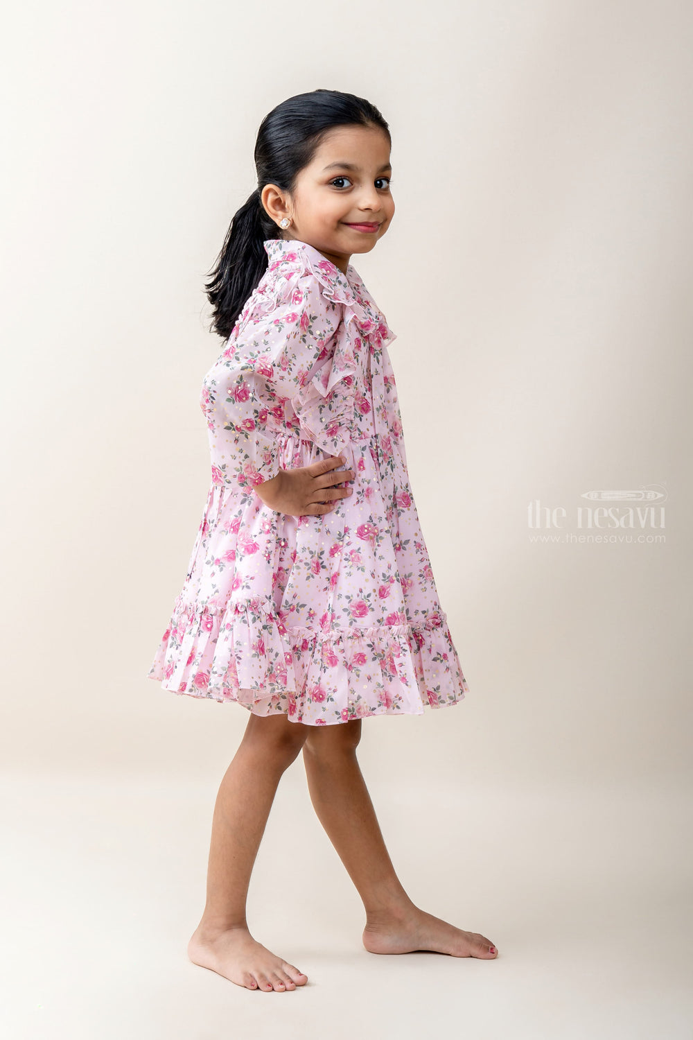 The Nesavu Baby Frock / Jhabla Pink Floral Crepe Ruffled Frock For Baby Girls With Designer Neck Tie-Up psr silks Nesavu