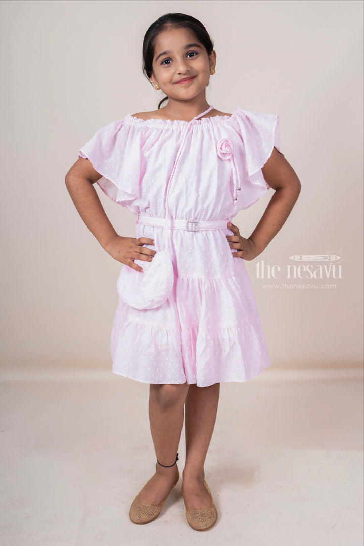 The Nesavu Frocks & Dresses Pink Off-Shoulder Designed Soft Cotton Frock For Baby Girls With Matching Bag psr silks Nesavu 22 (4Y) / pink GFC913E