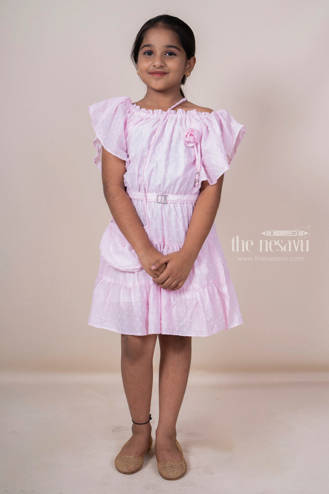 The Nesavu Frocks & Dresses Pink Off-Shoulder Designed Soft Cotton Frock For Baby Girls With Matching Bag psr silks Nesavu