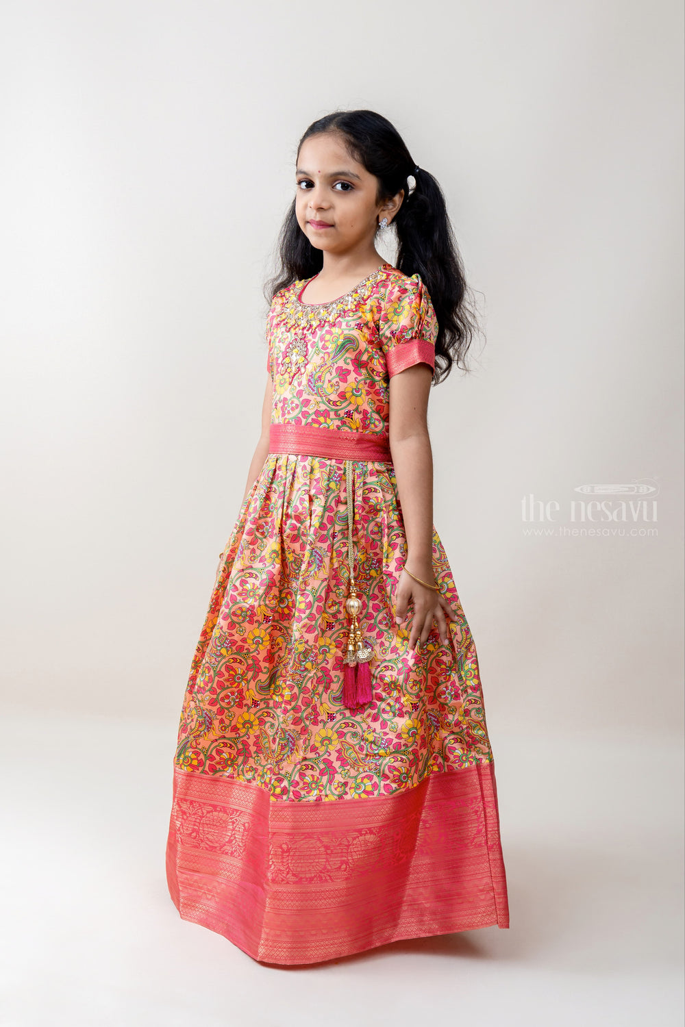 The Nesavu Kids Anarkali Pink Silk Cotton Kalamkari Full Length Anarkali Frock With Embroidery Neck psr silks Nesavu