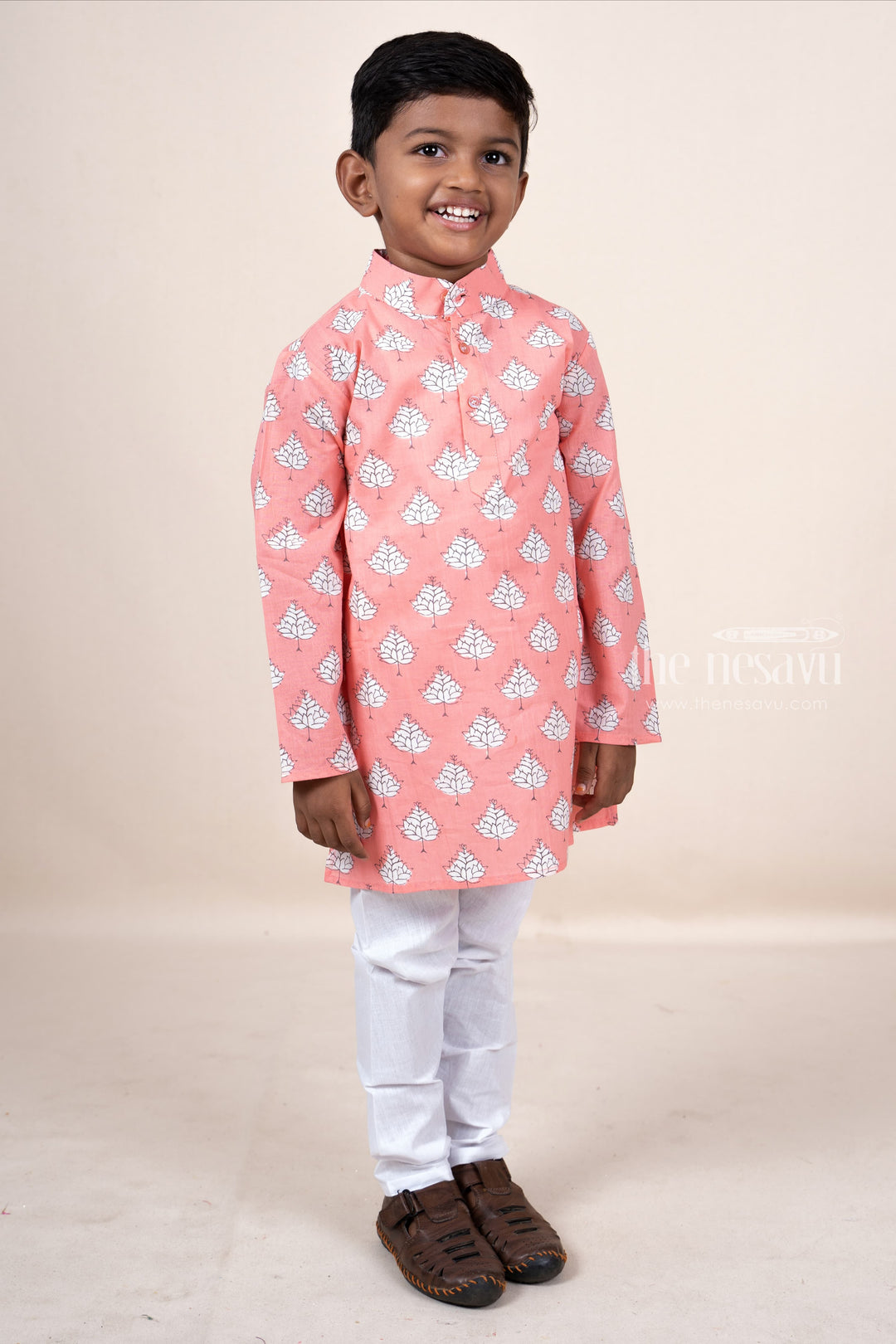 The Nesavu Ethnic Sets Pink Soft Cotton Kurta Dresses For Baby Boys With Attached Cotton Pant psr silks Nesavu 16 (1Y) / salmon BES191A