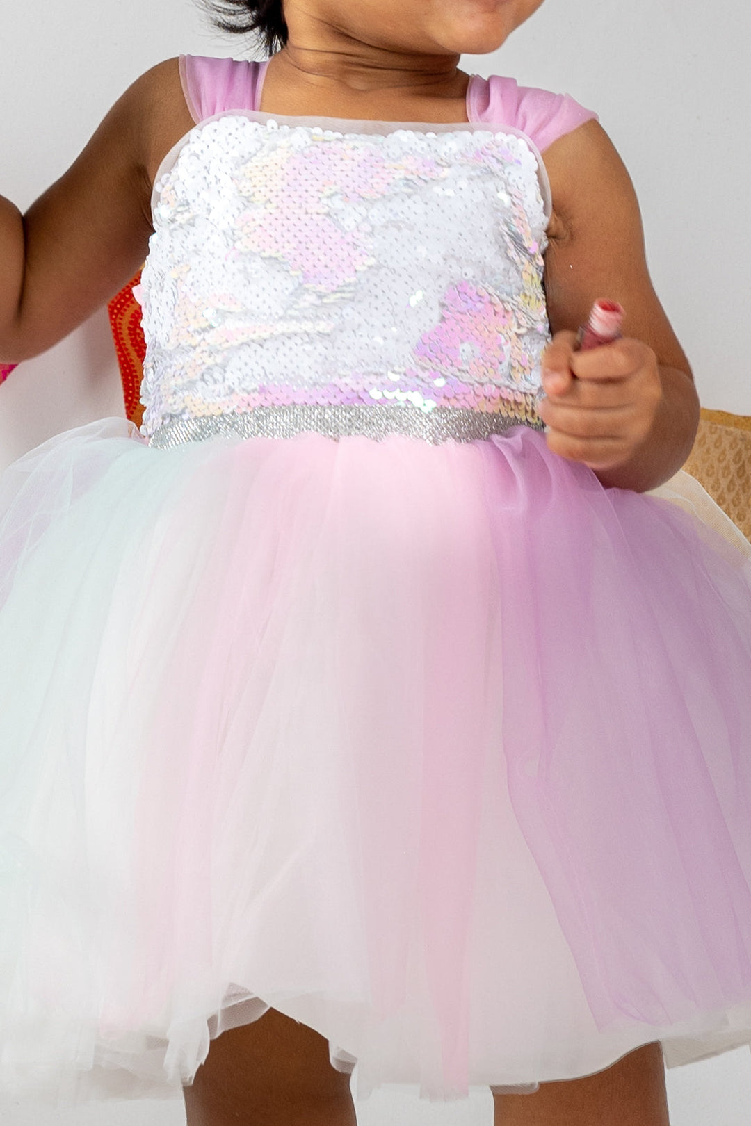 The Nesavu Party Frock Pink Soft Net Sequenced Yoke Gown For New Born Baby Girls psr silks Nesavu 14 (6M) / multicolor PF51