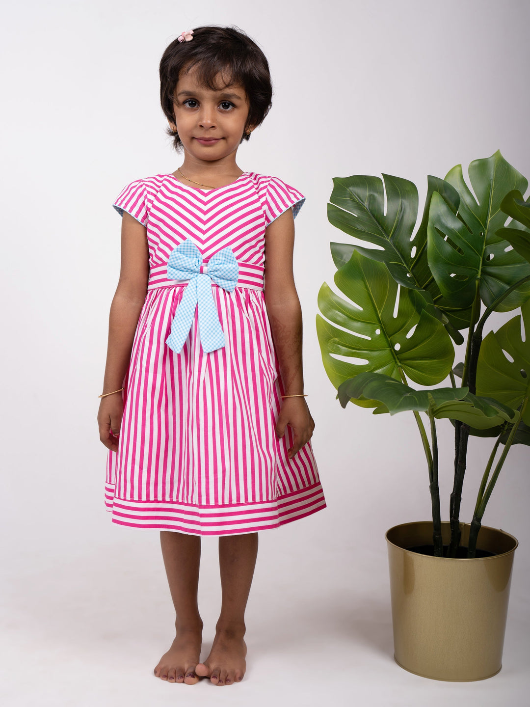 The Nesavu Frocks & Dresses Pink Striped Designer Cotton Gown With Blue Bow Trim For Baby Girls psr silks Nesavu 16 (1Y) / pink GFC717