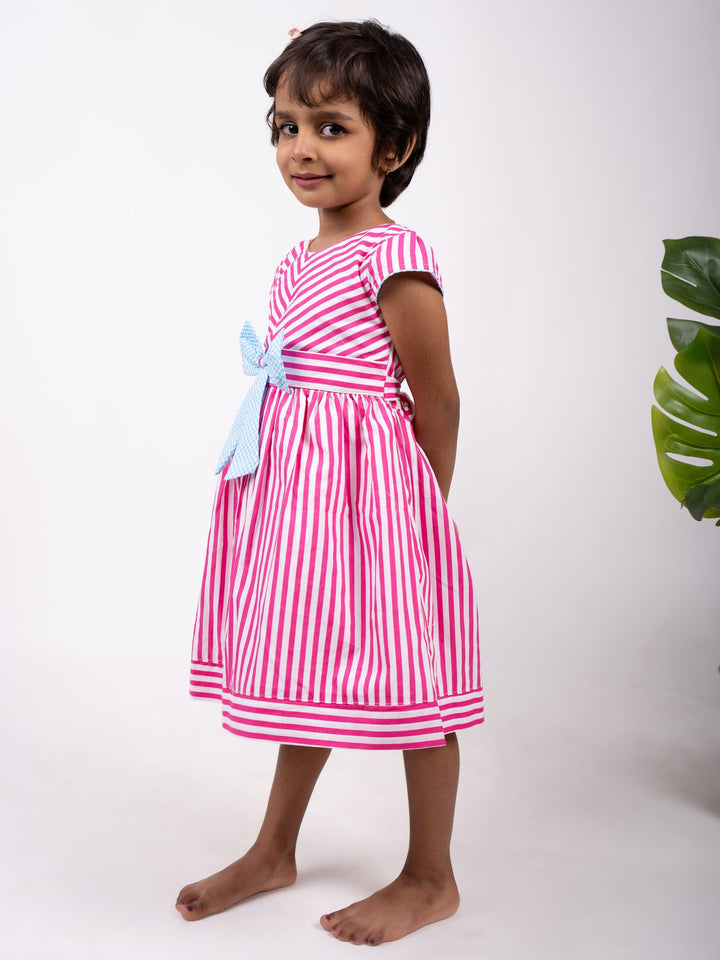 The Nesavu Frocks & Dresses Pink Striped Designer Cotton Gown With Blue Bow Trim For Baby Girls psr silks Nesavu