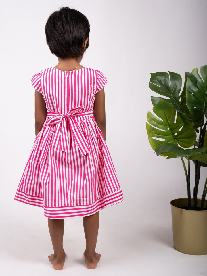 The Nesavu Frocks & Dresses Pink Striped Designer Cotton Gown With Blue Bow Trim For Baby Girls psr silks Nesavu