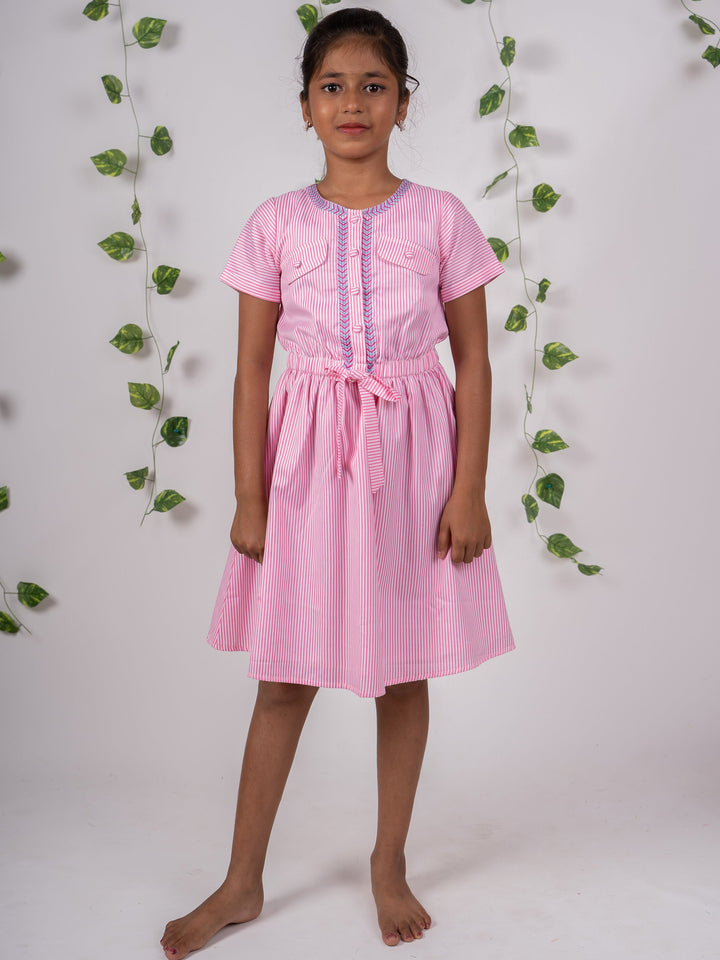 The Nesavu Frocks & Dresses Pink Striped Soft Cotton Gown Attached Mask And Sleeves psr silks Nesavu 16 (1Y) / pink GFC696