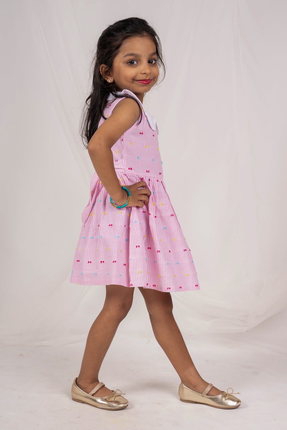 The Nesavu Frocks & Dresses Pink Striped Soft Cotton Peter Pan Collar Frock For Girls psr silks Nesavu