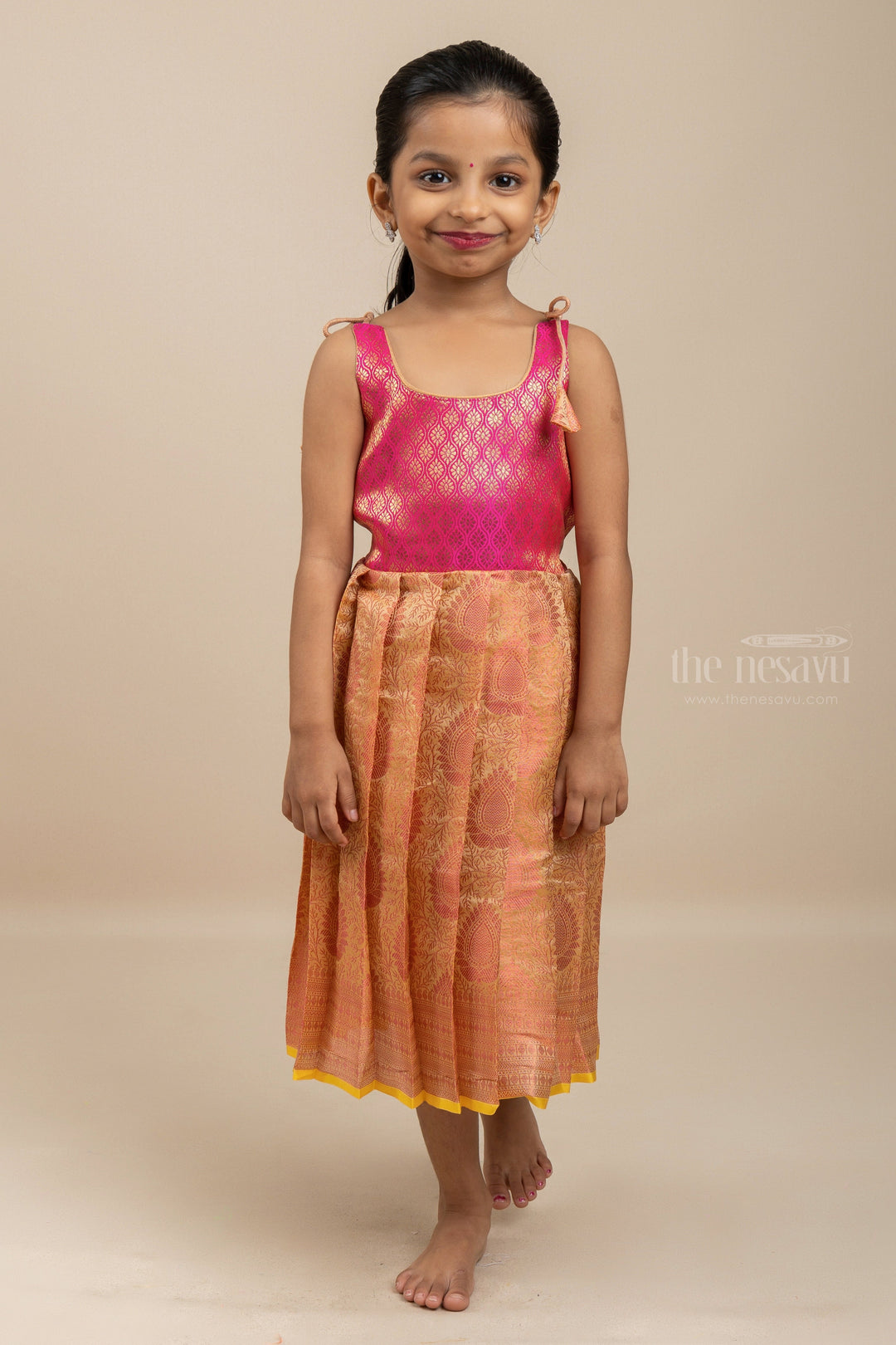The Nesavu Tie-up Frock Pink Traditional Tie-up Gowns With Brocade Designs For Little Girls psr silks Nesavu 12 (3M) / pink T258A