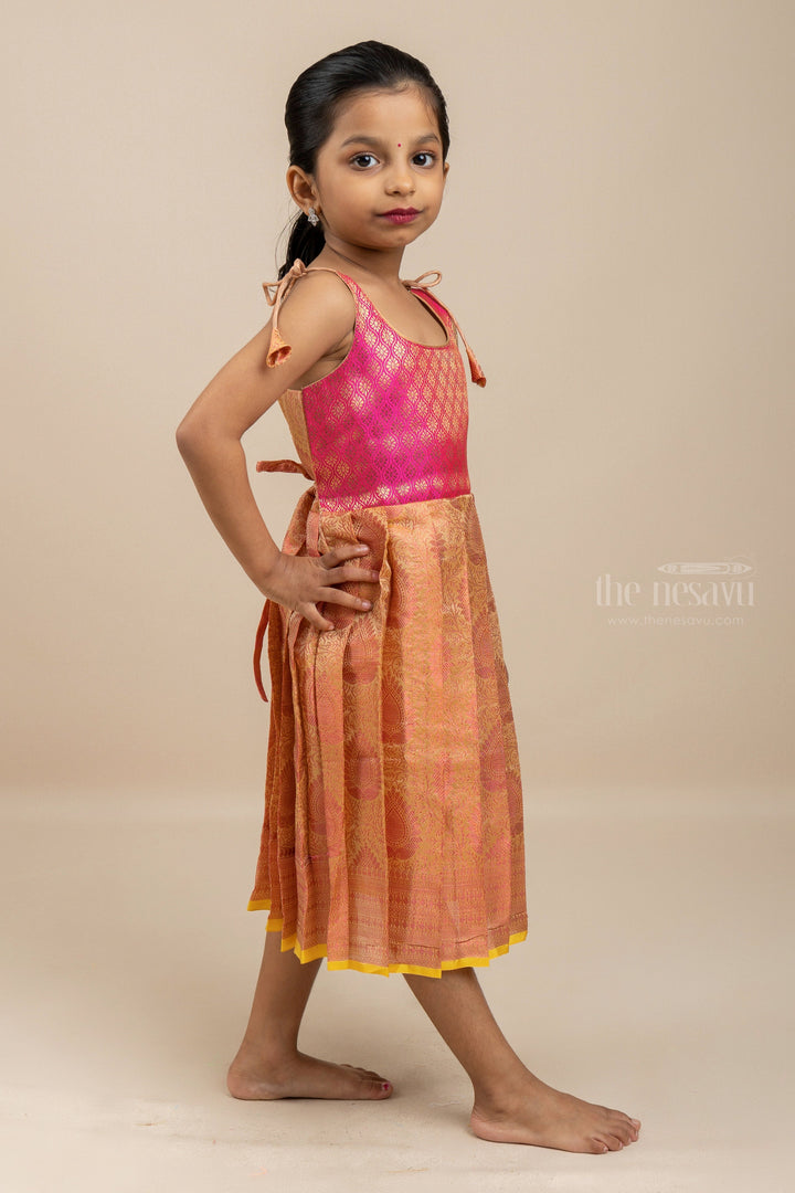 The Nesavu Tie-up Frock Pink Traditional Tie-up Gowns With Brocade Designs For Little Girls psr silks Nesavu
