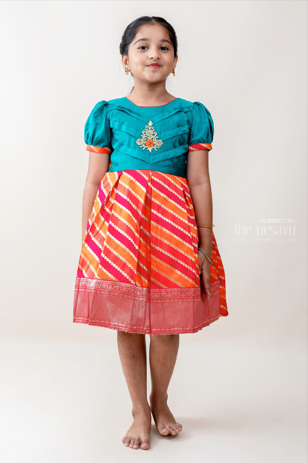 The Nesavu Silk frocks Pink With Blue Embroidery Banarasi Silk Frock For New Born Baby Girls psr silks Nesavu 14 (6M) / red SF438B