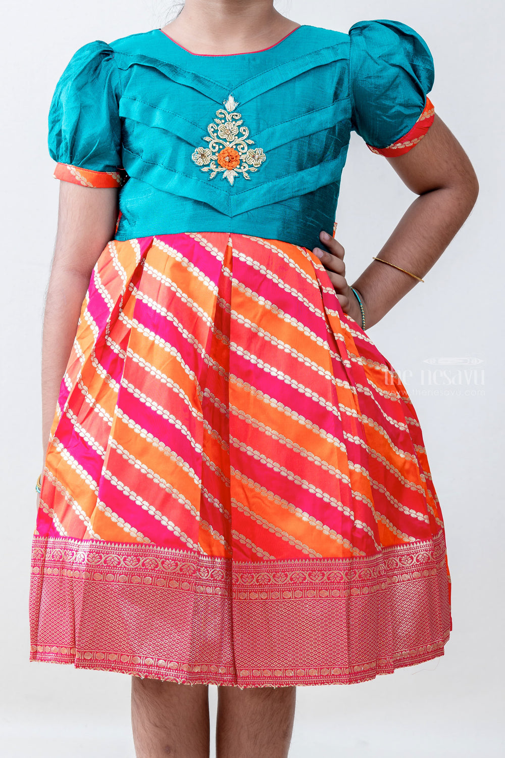 The Nesavu Silk frocks Pink With Blue Embroidery Banarasi Silk Frock For New Born Baby Girls psr silks Nesavu