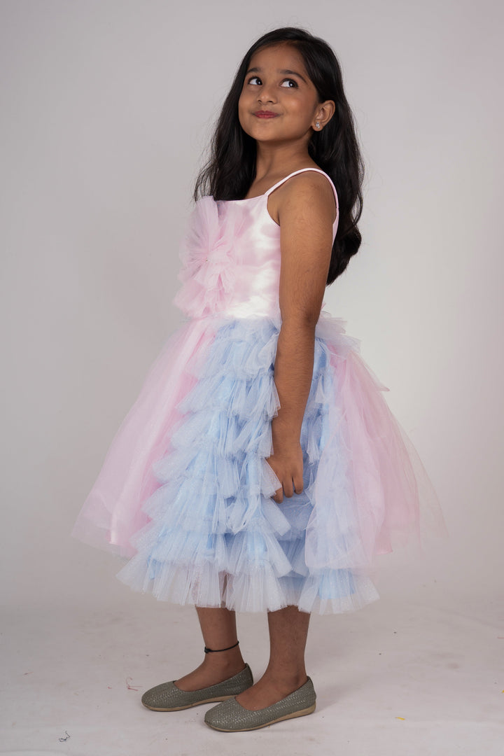 The Nesavu Party Frock Pink With Blue Multi Layered Frill Trimmed Frock For Baby Girls psr silks Nesavu
