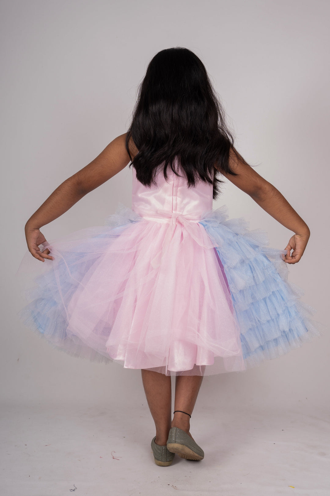 The Nesavu Party Frock Pink With Blue Multi Layered Frill Trimmed Frock For Baby Girls psr silks Nesavu