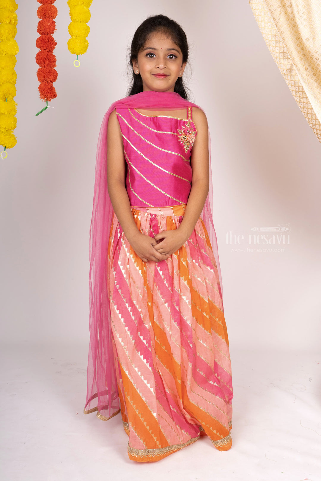 The Nesavu Lehenga & Ghagra Pink With Orange Cotton Lehenga For Baby Girls With Dupatta psr silks Nesavu 14 (6M) / Deeppink GL230