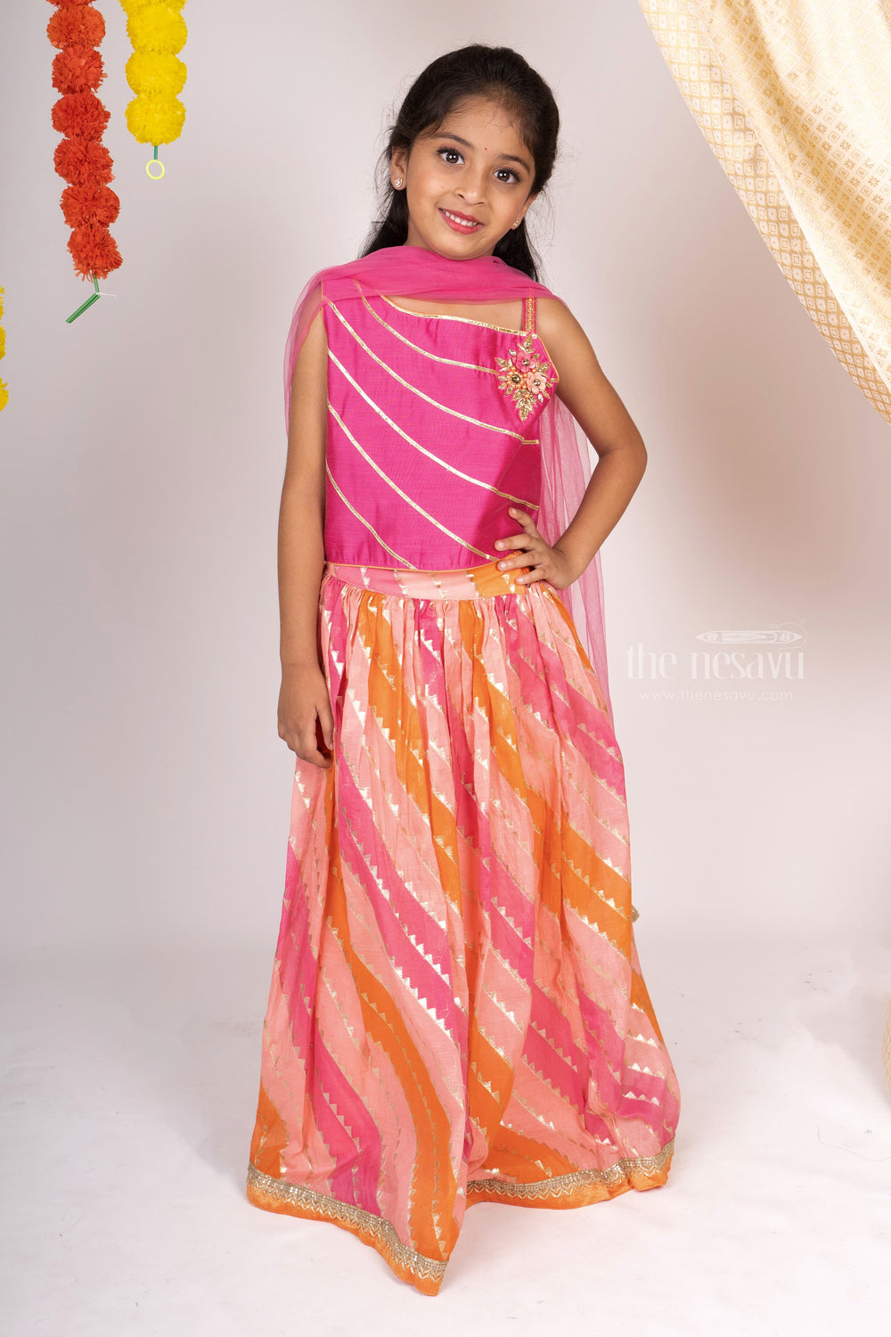 The Nesavu Lehenga & Ghagra Pink With Orange Cotton Lehenga For Baby Girls With Dupatta psr silks Nesavu