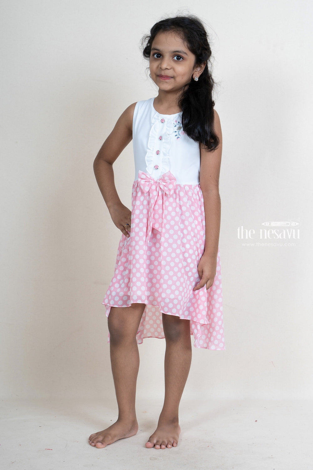 The Nesavu Frocks & Dresses Pink with white polka dotted embroidery embellished crepe cotton gown for girls psr silks Nesavu