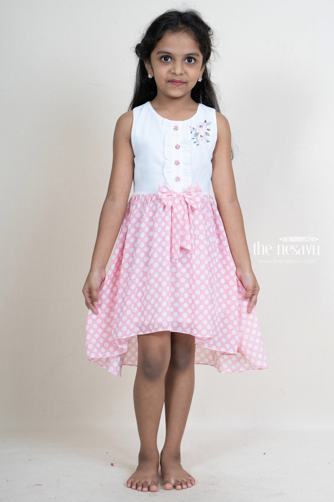 The Nesavu Frocks & Dresses Pink with white polka dotted embroidery embellished crepe cotton gown for girls psr silks Nesavu