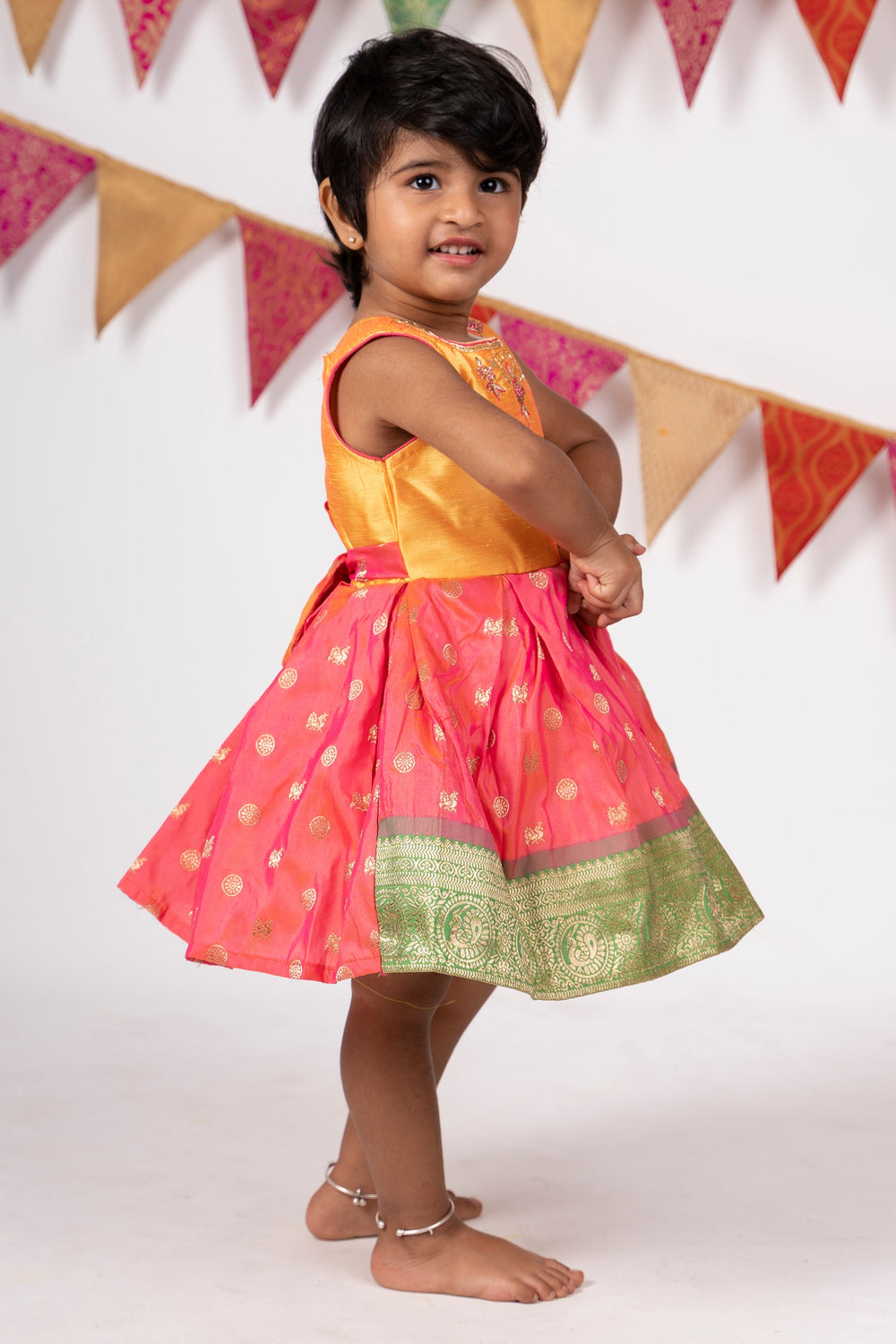 The Nesavu Silk Frocks Pink With Yellow Embroidery Silver Toned Banarasi Silk Gown psr silks Nesavu