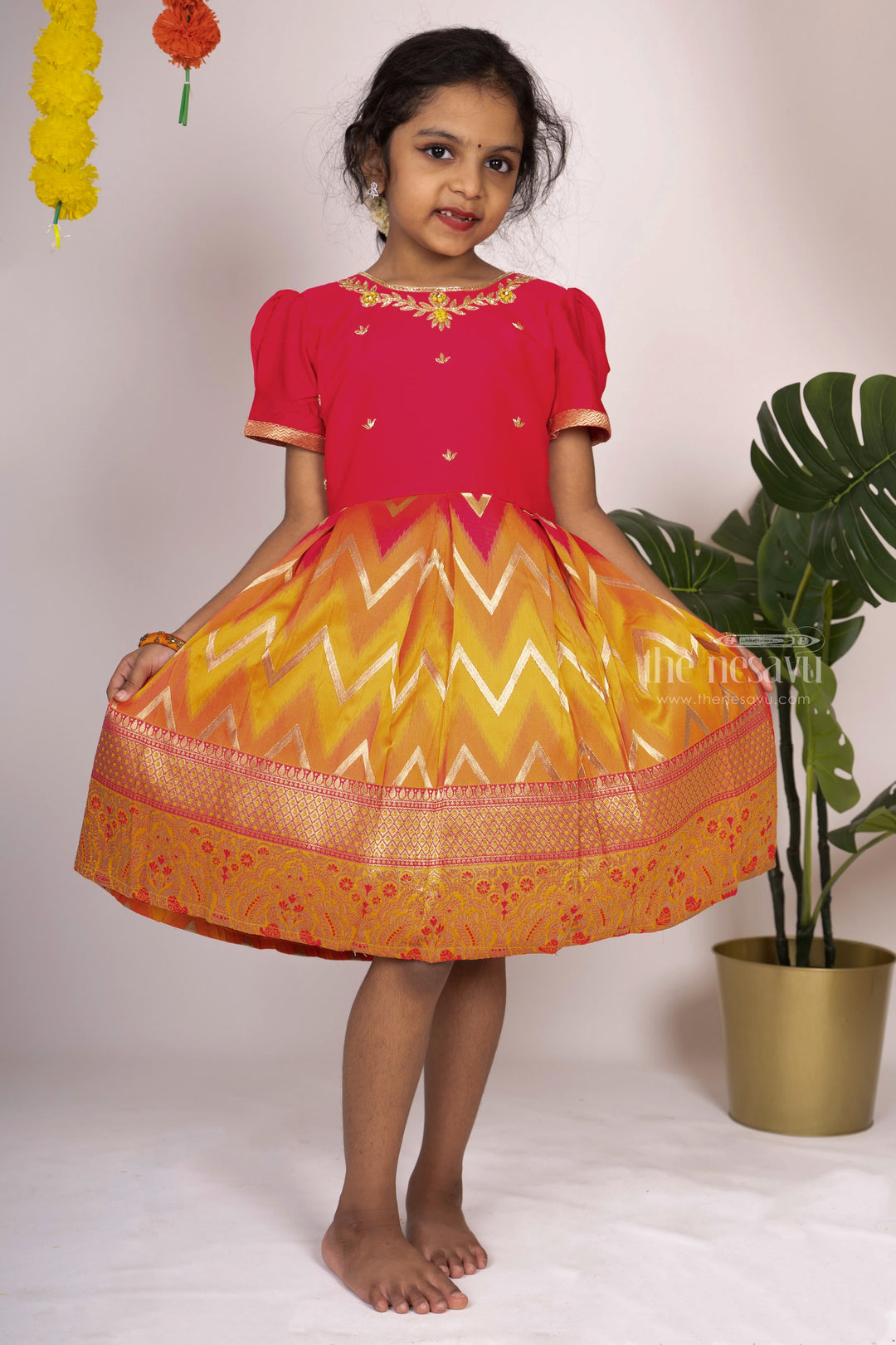 The Nesavu Silk Frocks Pink With Yellow Ikkat Printed Embroidery Banaras Jacquard Silk Frock psr silks Nesavu 12 (3M) / orange SF413