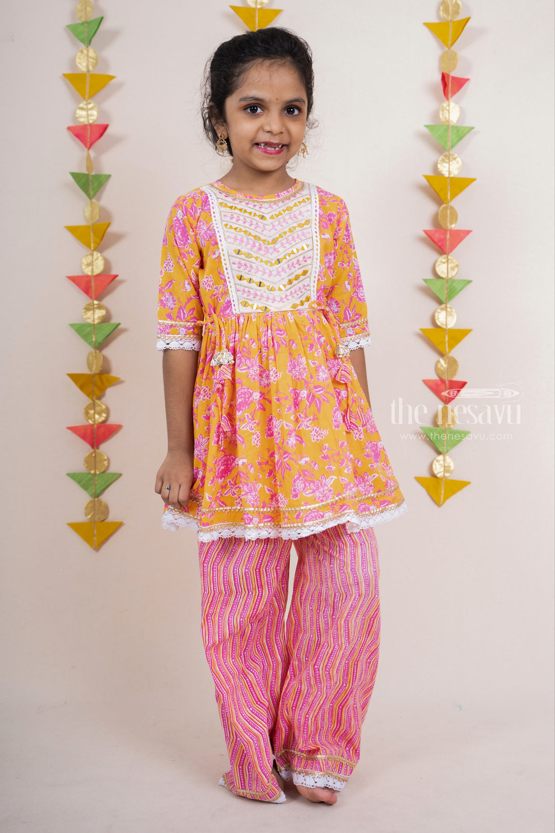 The Nesavu Sets & Suits Pink With Yellow Soft Cotton Palazzo Designer Wear For Girls psr silks Nesavu 18 (2Y) / Coral GPS074