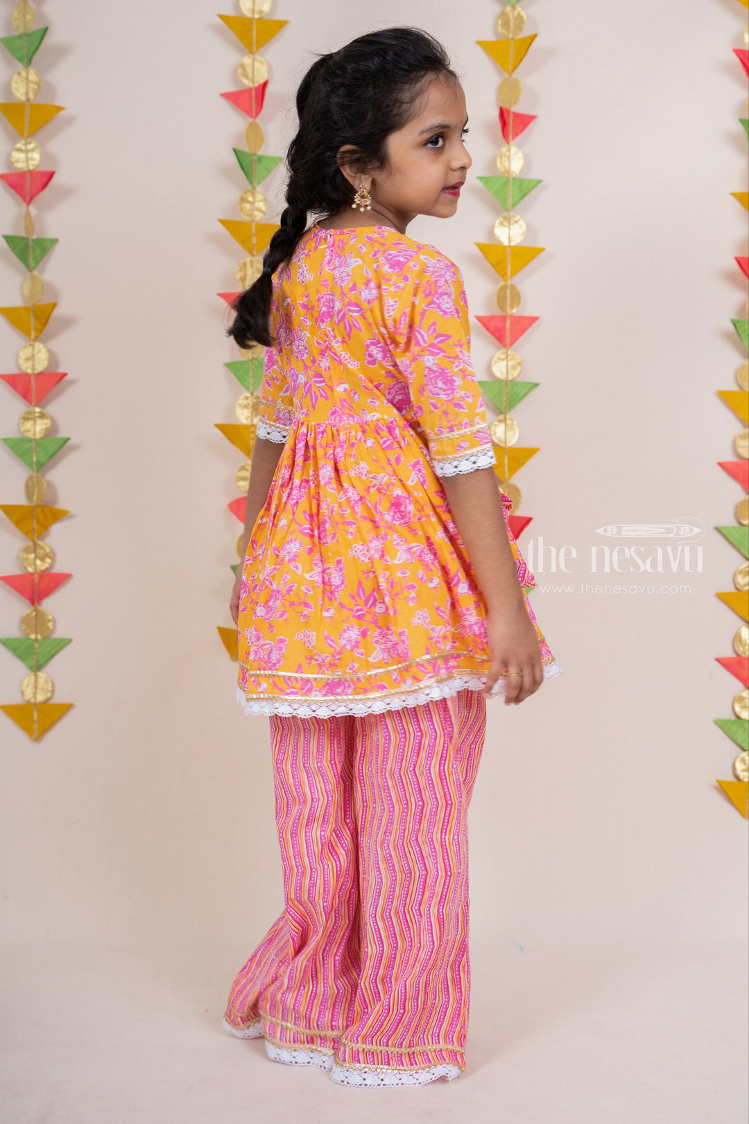 The Nesavu Sets & Suits Pink With Yellow Soft Cotton Palazzo Designer Wear For Girls psr silks Nesavu