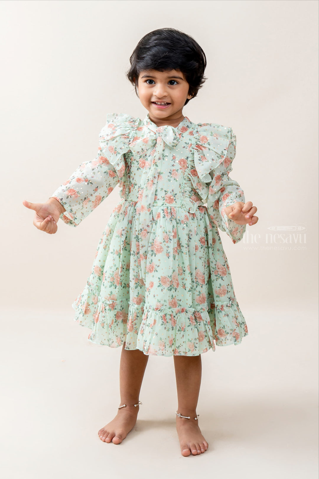 The Nesavu Baby Frock / Jhabla Pista Green Floral Crepe Ruffled Gown For New Born Baby Girls With High Neck Designer Tie-Up psr silks Nesavu 14 (6M) / green BFJ334B