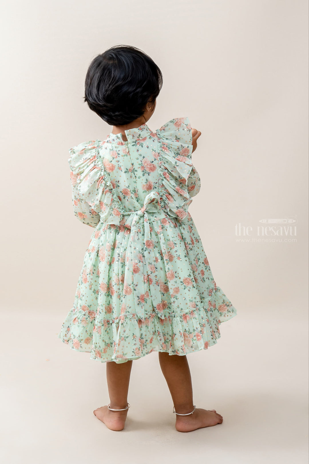 The Nesavu Baby Frock / Jhabla Pista Green Floral Crepe Ruffled Gown For New Born Baby Girls With High Neck Designer Tie-Up psr silks Nesavu