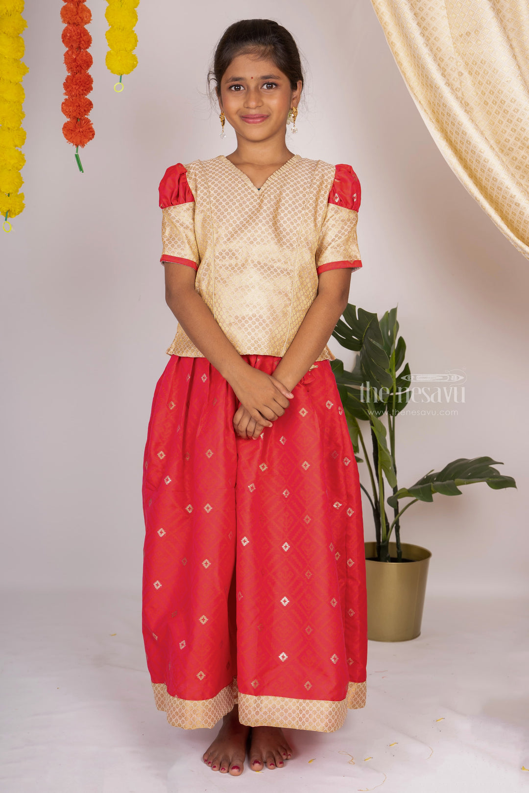 The Nesavu Pattu Pavadai Pleated Silk Skirt With Contrasting Latest Designer Blouse For Your Girls psr silks Nesavu 14 (6M) / Red GPP240