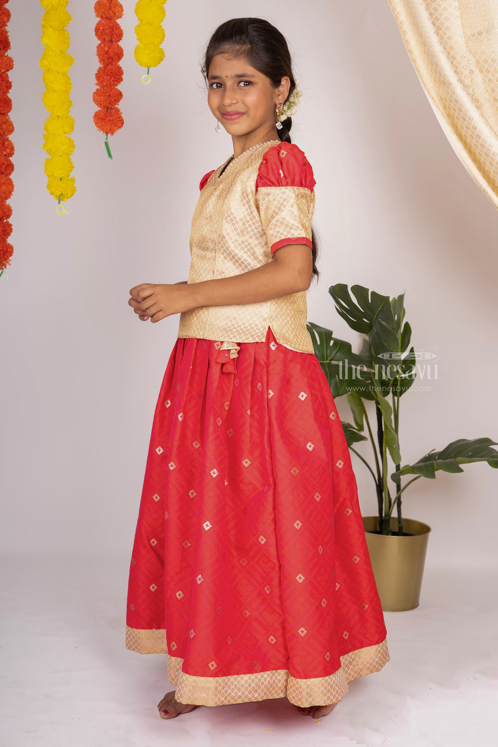 The Nesavu Pattu Pavadai Pleated Silk Skirt With Contrasting Latest Designer Blouse For Your Girls psr silks Nesavu