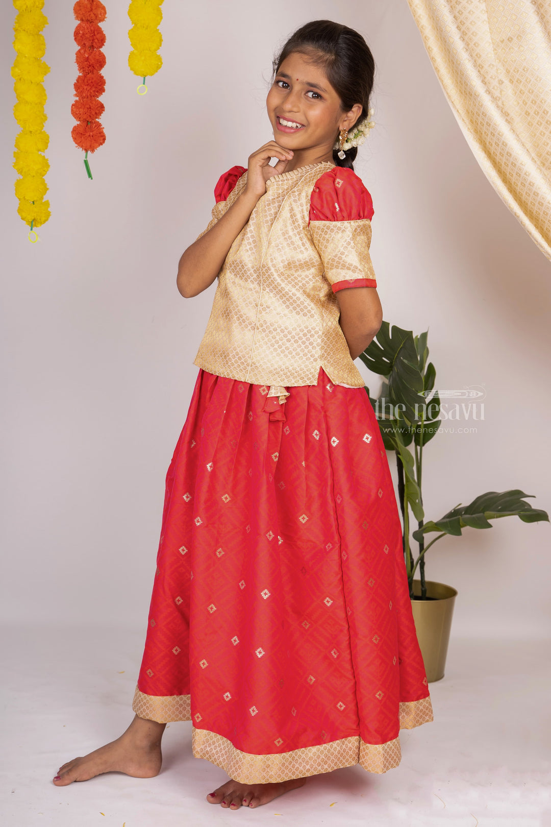The Nesavu Pattu Pavadai Pleated Silk Skirt With Contrasting Latest Designer Blouse For Your Girls psr silks Nesavu