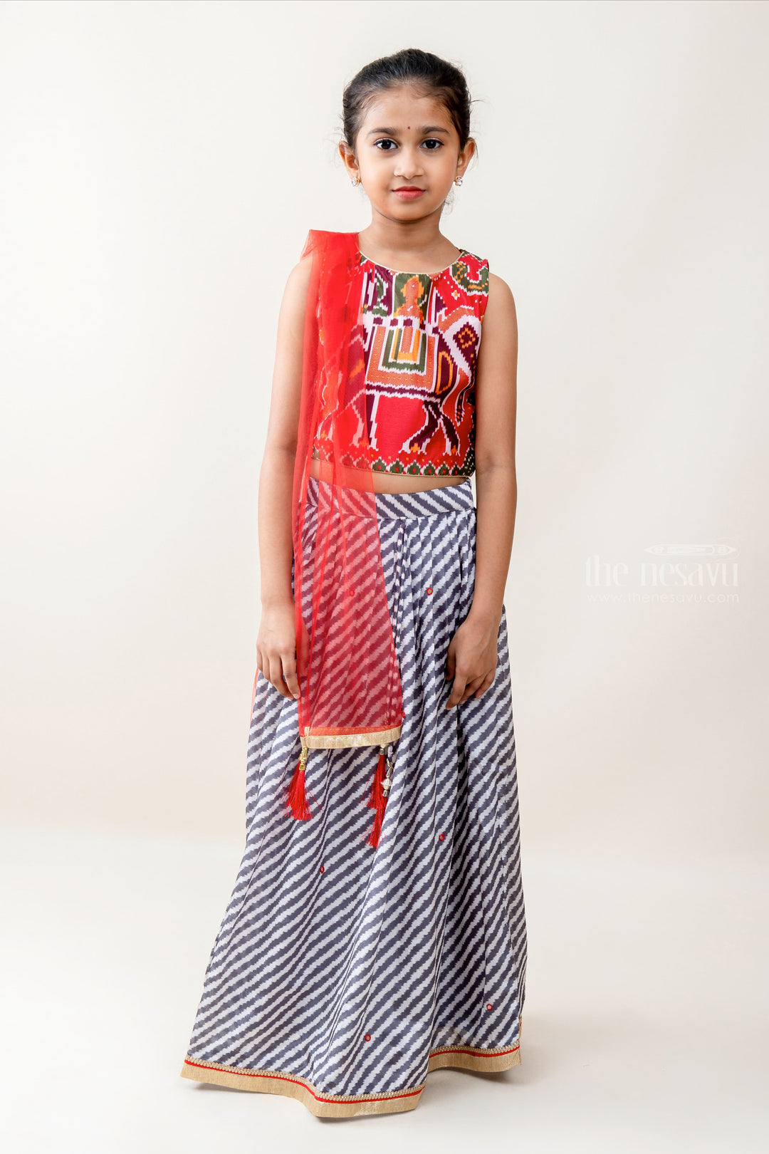 The Nesavu Lehenga & Ghagra Poochampally Elephant Printed Embroidery Crop Top Lehenga psr silks Nesavu 10 (NB) / Red GL303
